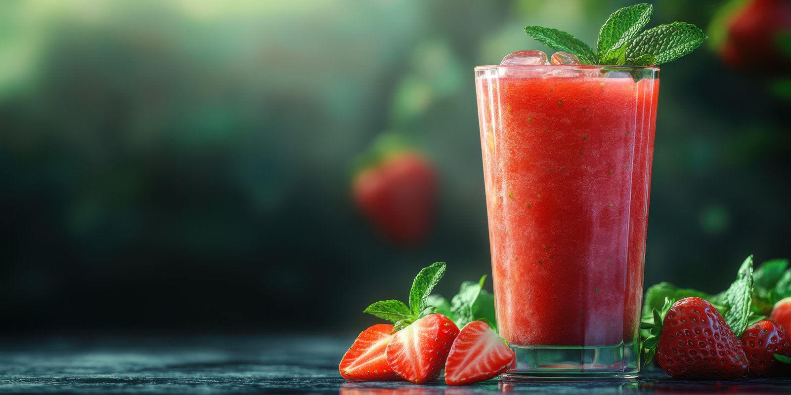 Refreshing strawberry mint drink served in a tall glass on a dark background with fresh strawberries and mint leaves present
